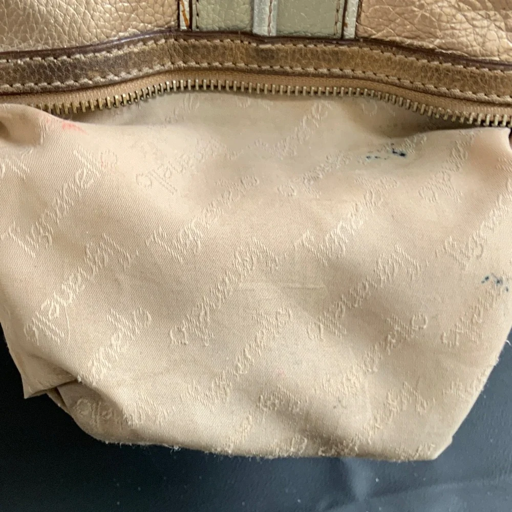 Tignanello Leather Tote Bag Brown Gold Silver Striped Shoulder Bag